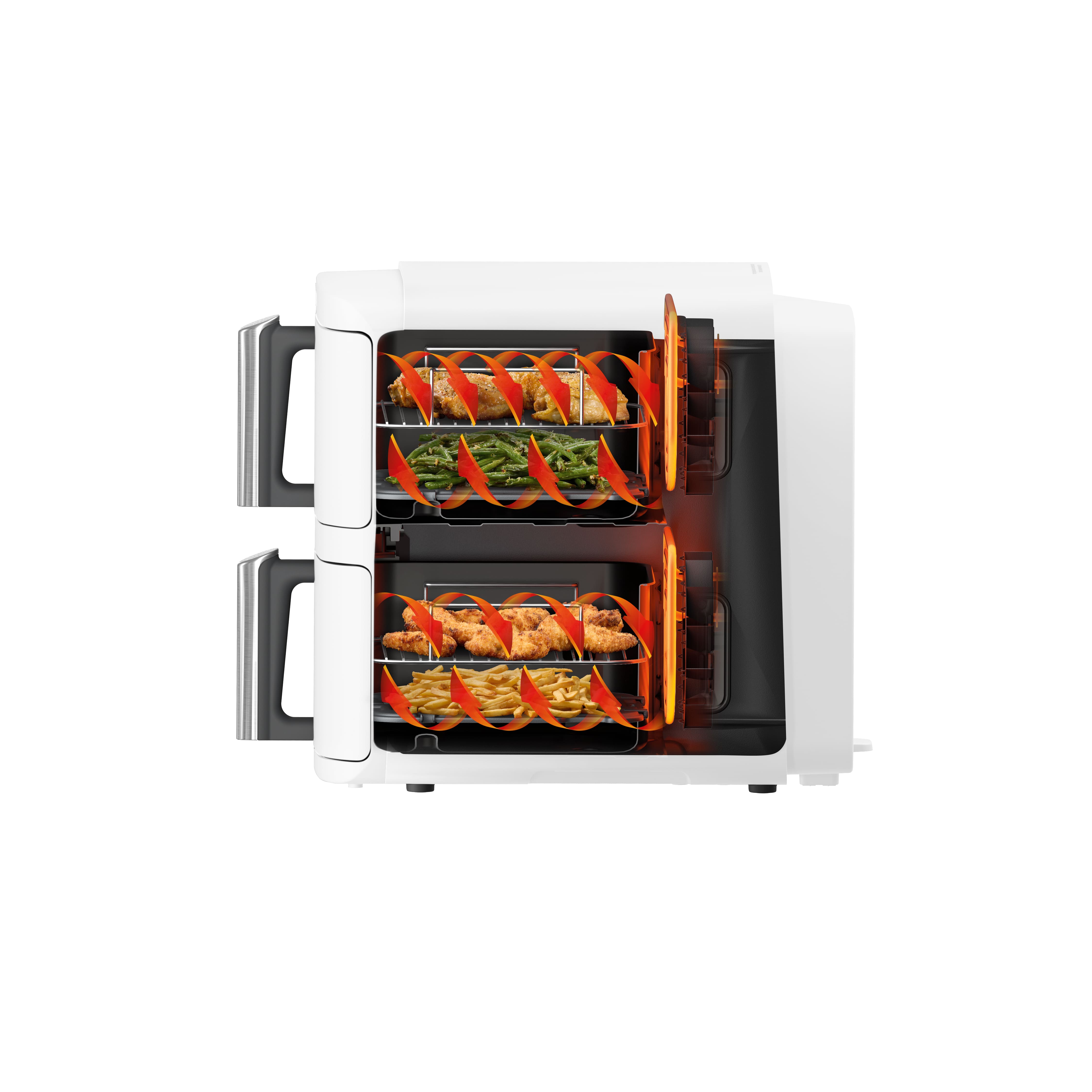 Схема роботи подвійної фритюрниці Ninja з двома відсіками та циркуляцією гарячого повітря для рівномірного приготування страв