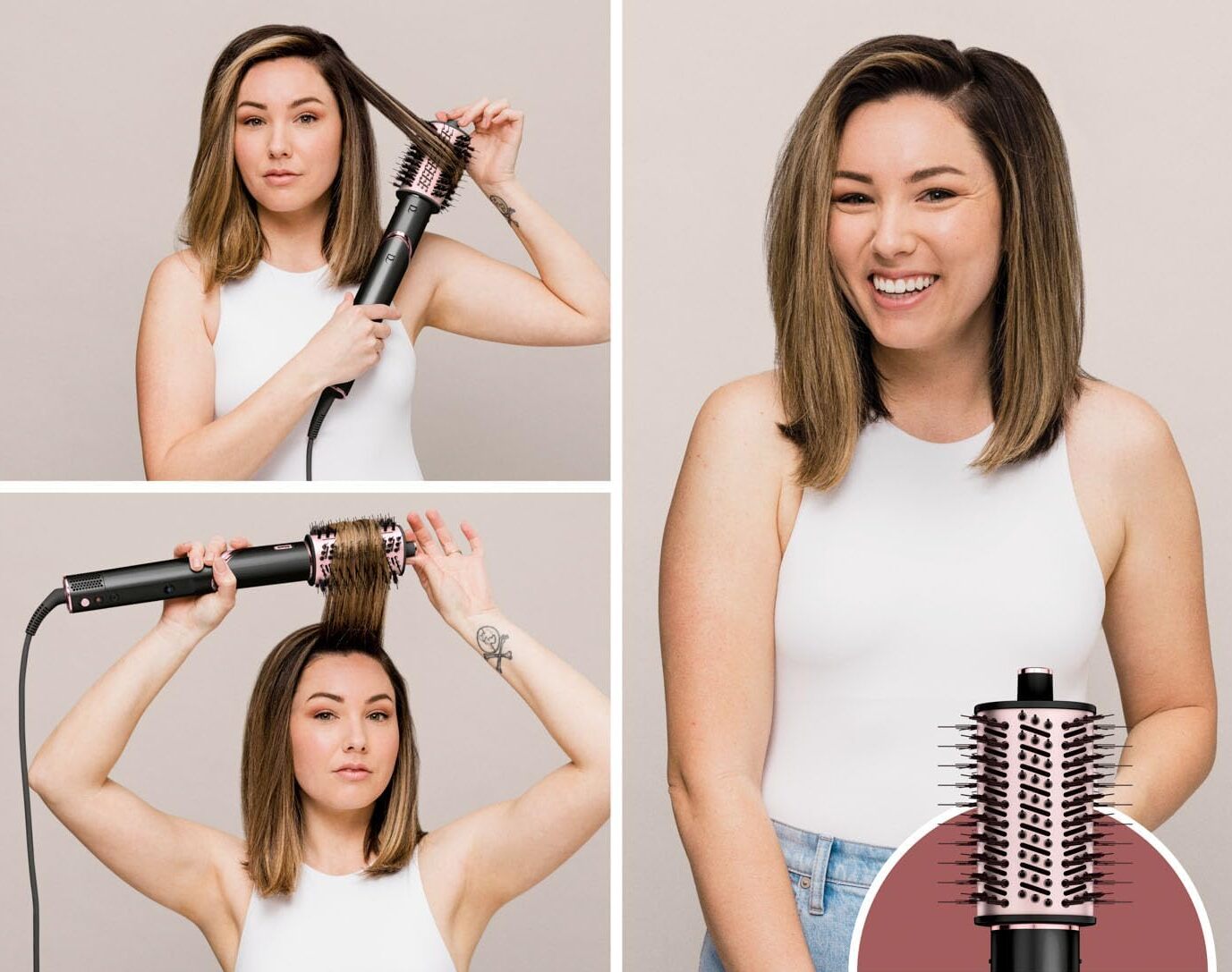 Процес укладання волосся стайлером Shark із круглою щіткою та фінальний результат зачіски.
