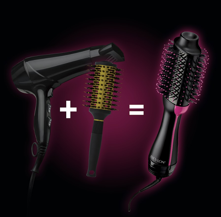 Комбінація фена та круглої щітки, що разом утворюють щітку-фен Revlon для укладання волосся