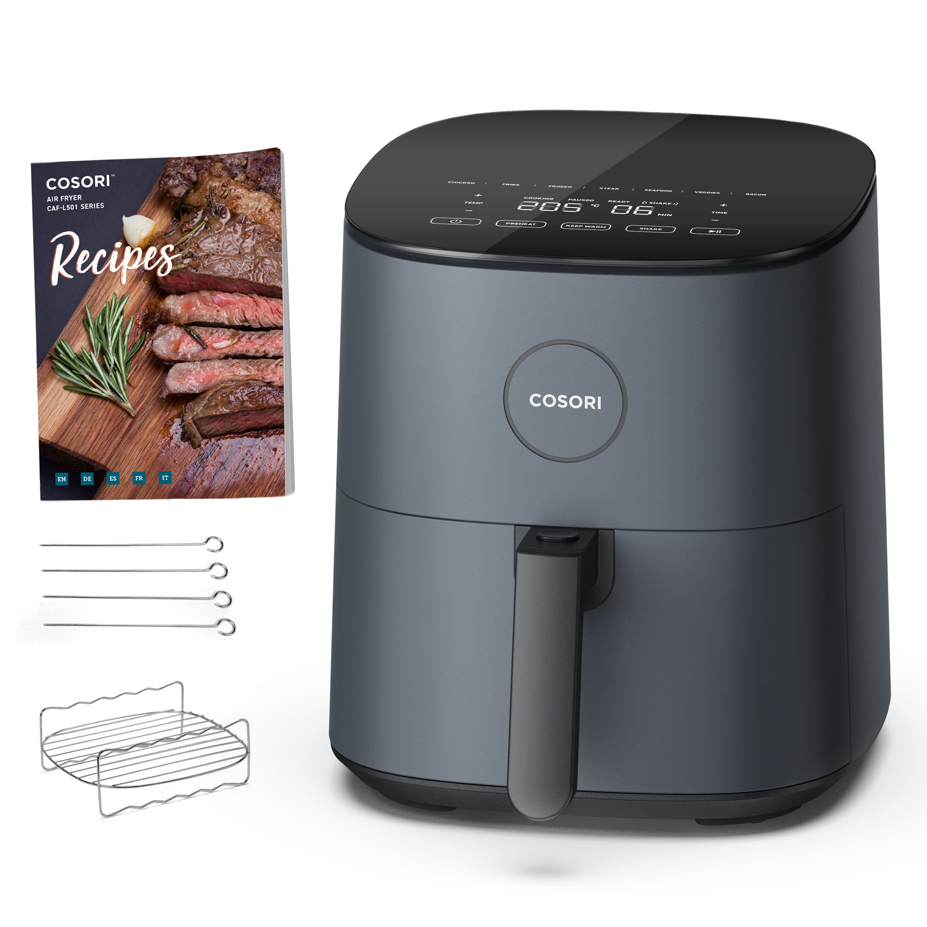 Аерофрайер Cosori з аксесуарами: решіткою, шампурами та книгою рецептів у комплекті