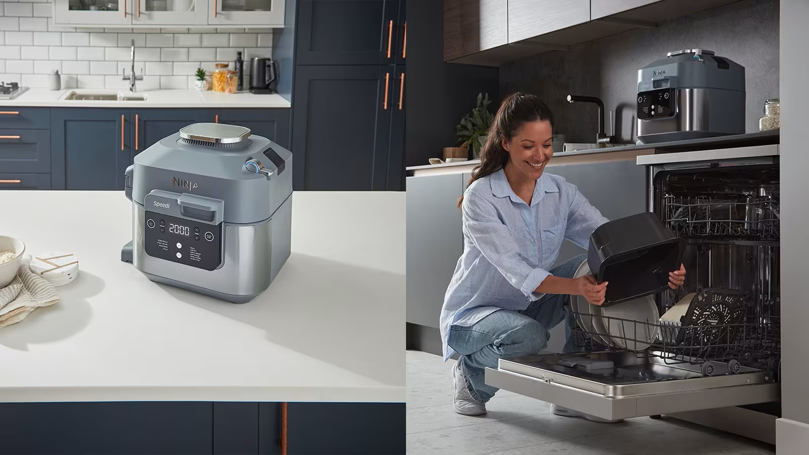 Мультипіч Ninja Speedi на кухні та жінка, яка миє знімні частини пристрою в посудомийній машині