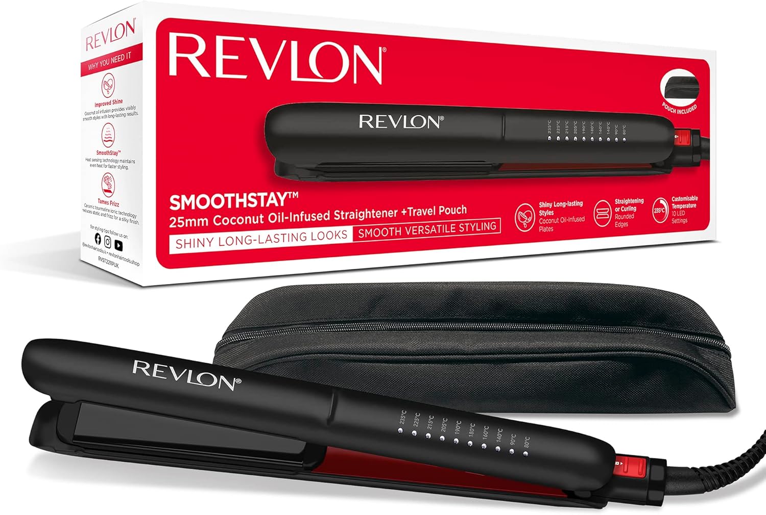 Випрямляч Revlon SmoothStay з інфузією кокосової олії, у комплекті з чохлом та коробкою.