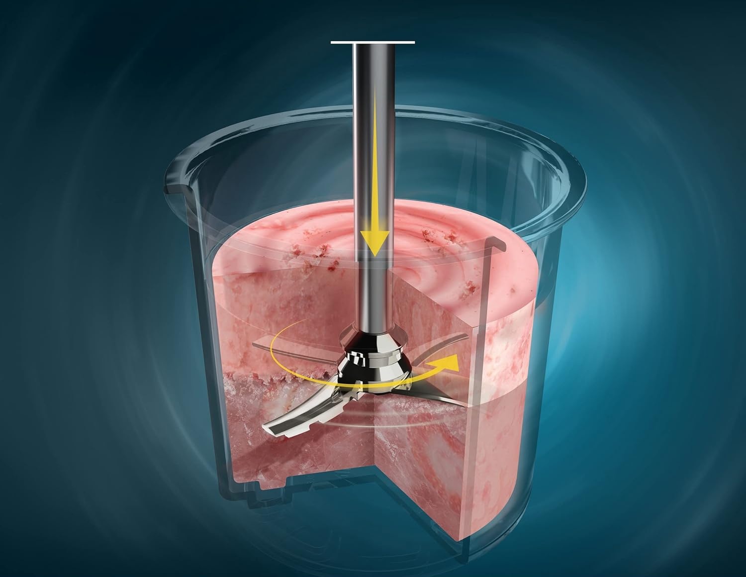 Зображення ножової системи морозивниці Ninja під час перемішування полуничного морозива.