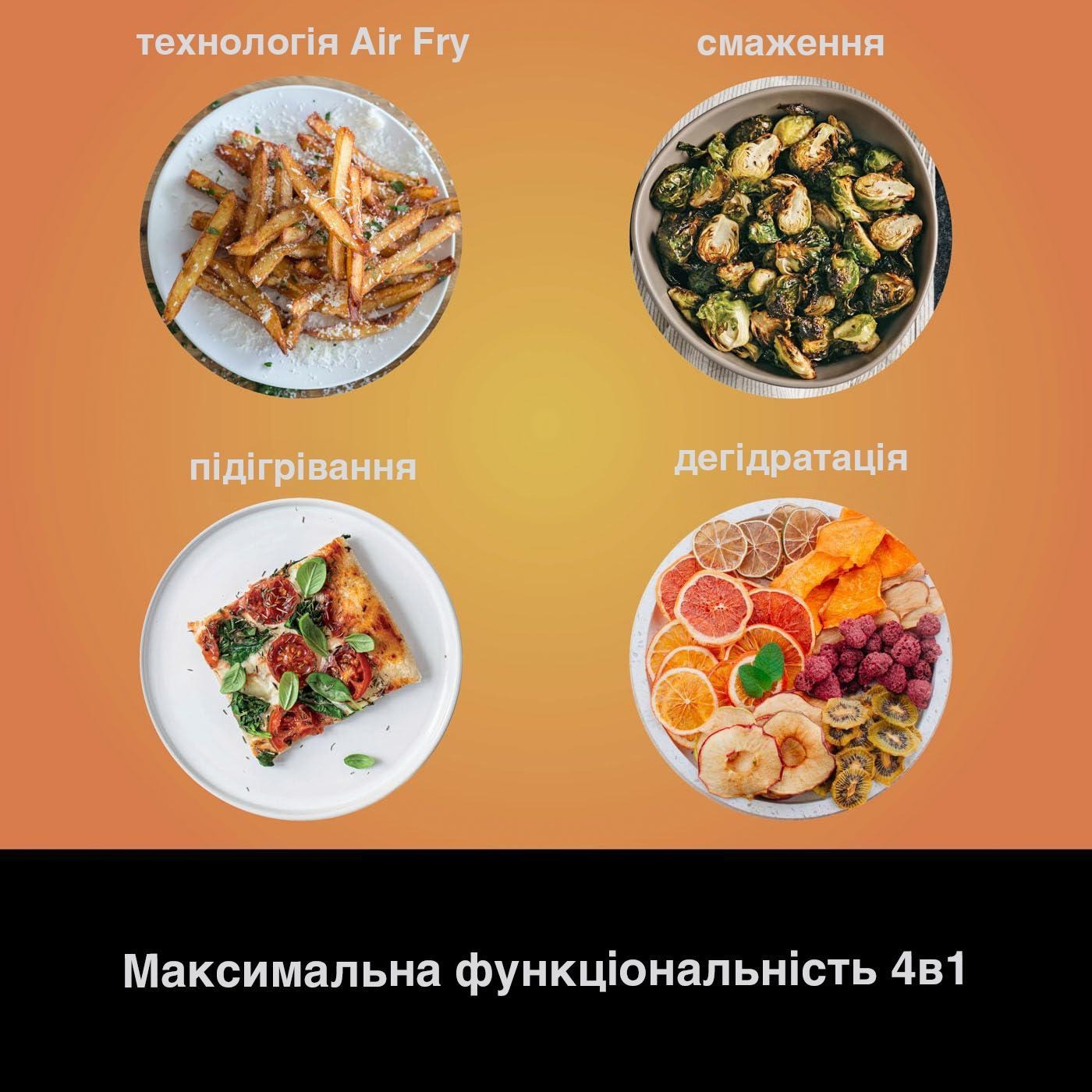 Ілюстрація 4 режимів роботи фритюрниці Ninja: технологія Air Fry, смаження, підігрівання та дегідратація