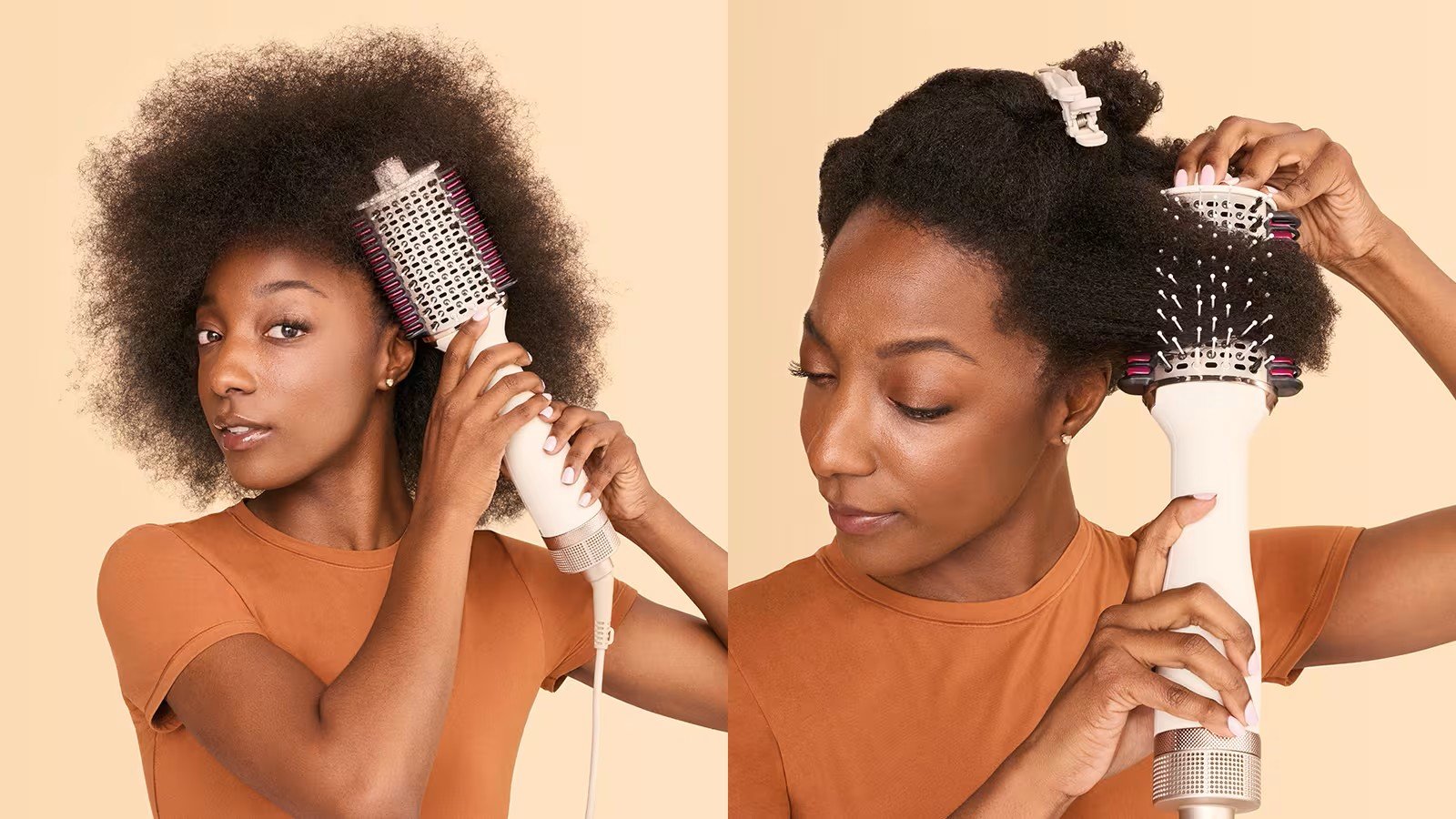 Жінка випрямляє натуральне кучеряве волосся за допомогою круглої термощітки-стайлера Shark.