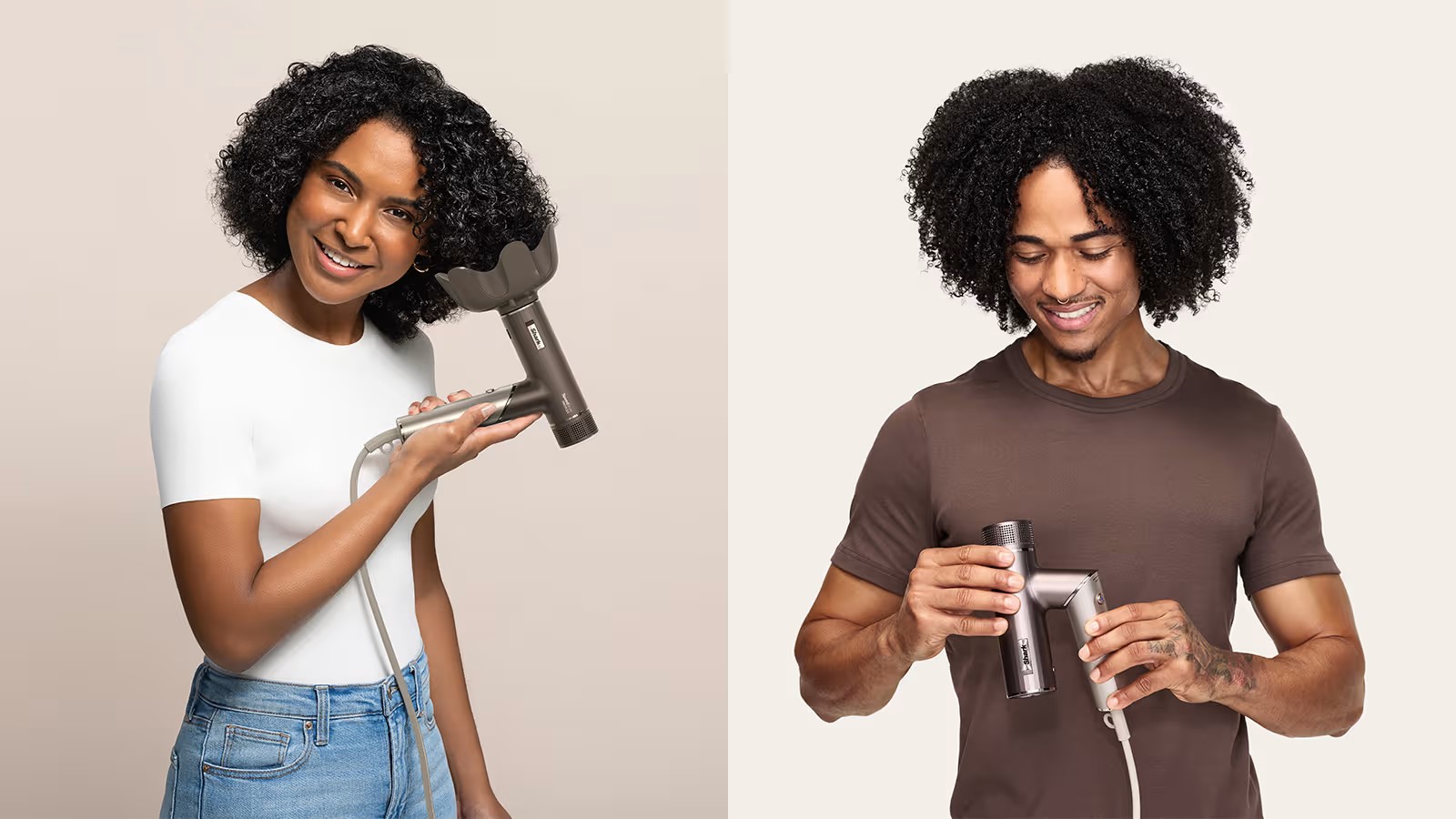 Жінка та чоловік використовують фен Shark із дифузором для догляду за кучерявим волоссям