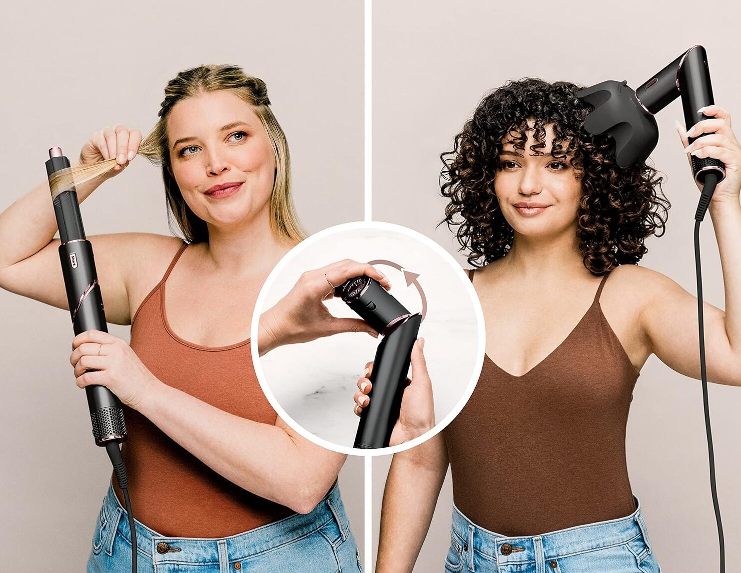 Жінки демонструють використання стайлера Shark з насадкою для локонів і дифузором, а також процес заміни насадок.