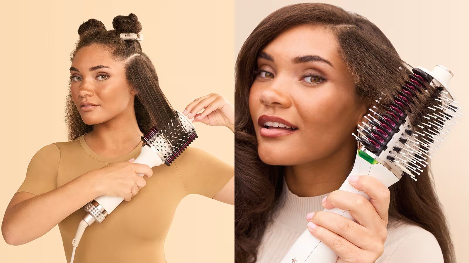 Жінка укладає кучеряве волосся стайлером Shark, демонструючи випрямлення та формування пасом.