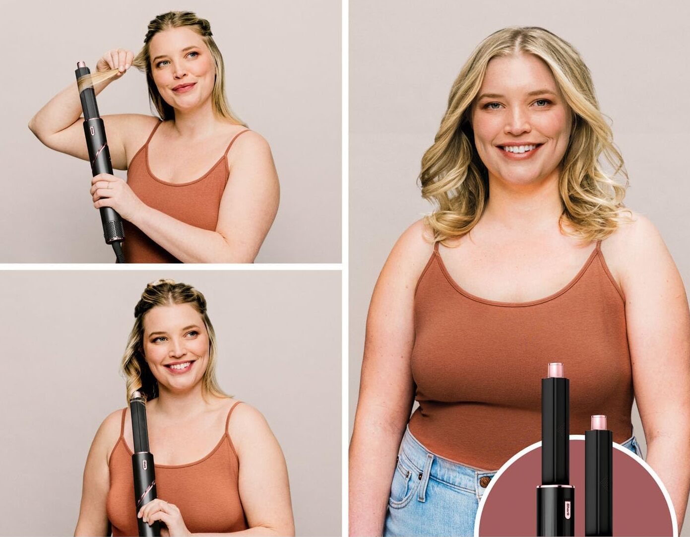 Жінка створює локони стайлером Shark, демонструючи етапи укладання та готову хвилясту зачіску.